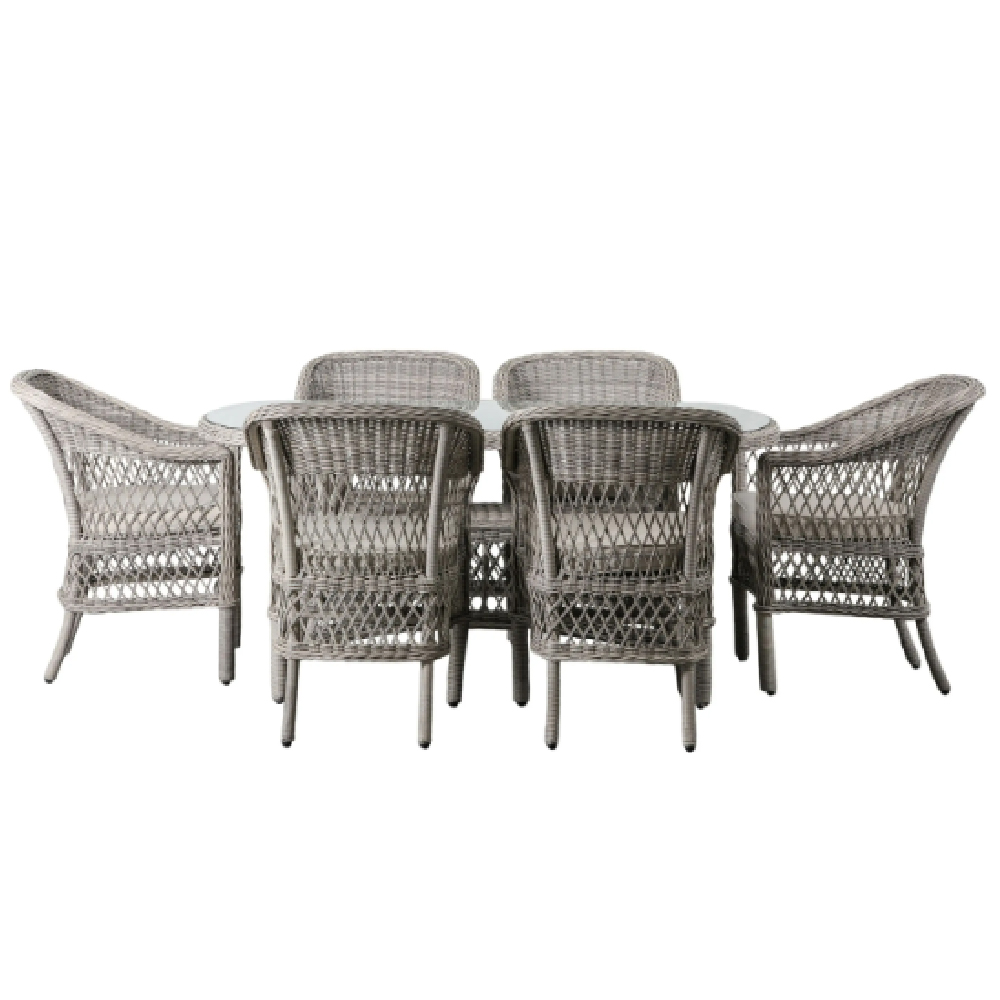 Maxton Outdoor Glass Top 6 Seater Oval Dining Set In Stone