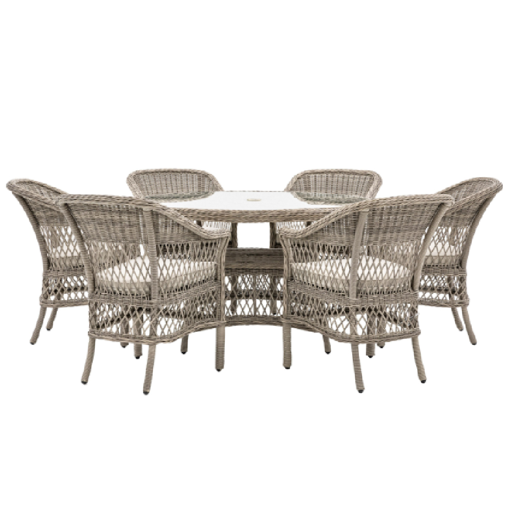 Maxton Outdoor Glass Top 6 Seater Round Dining Set In Stone