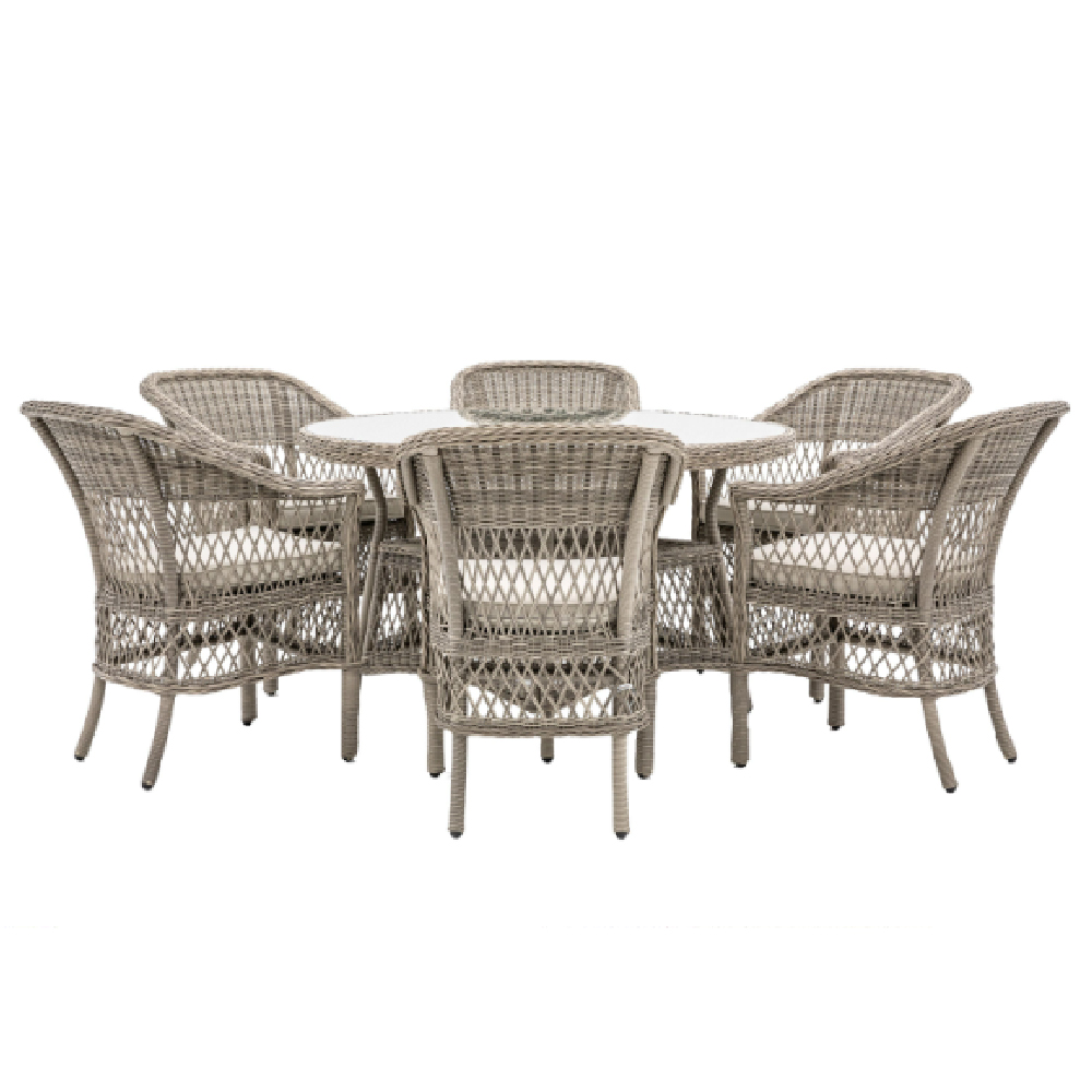 Maxton Outdoor Glass Top 6 Seater Round Dining Set In Stone