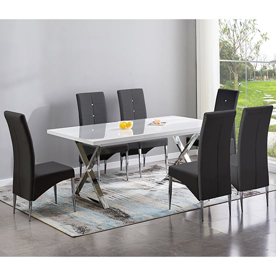 Mayline Extending White Dining Table With 6 Vesta Black Chairs