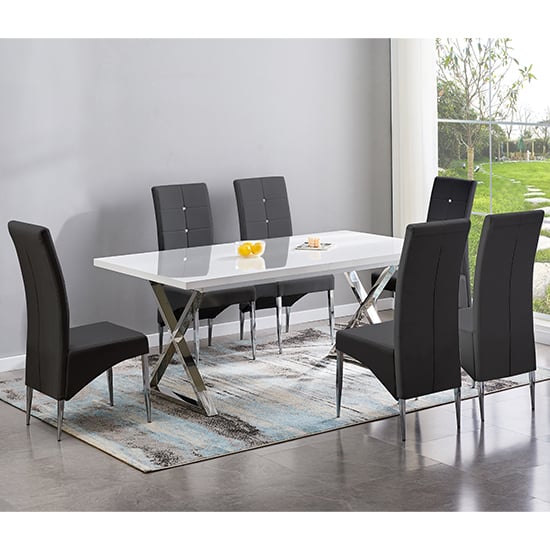 Photo of Mayline extending white dining table with 6 vesta black chairs