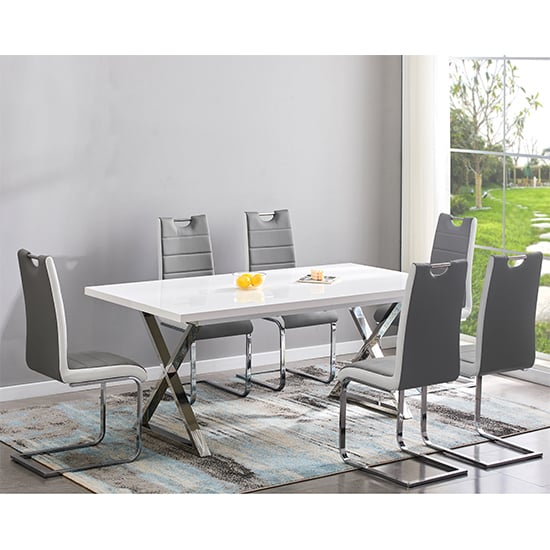 Photo of Mayline extending white dining table 6 petra grey white chairs