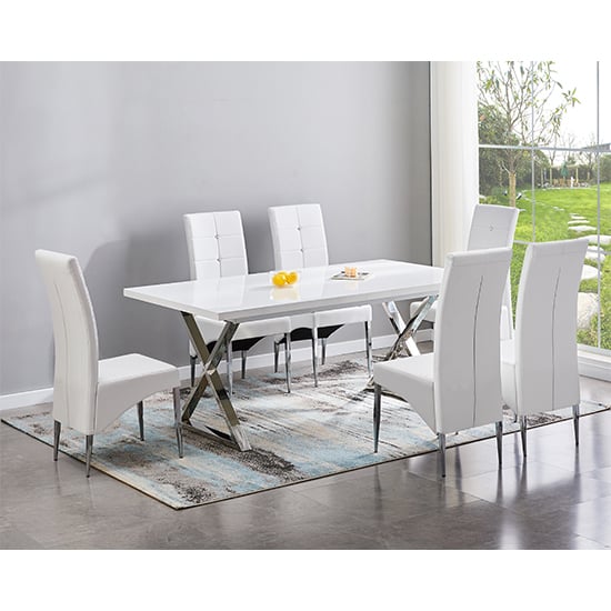 Product photograph of Mayline Extending White Dining Table With 6 Vesta White Chairs from Furniture in Fashion