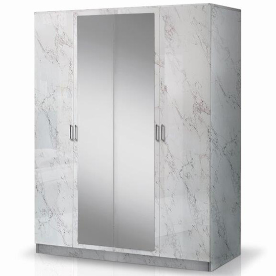 Mayon Mirrored Wooden 4 Doors Wardrobe In White Marble Effect