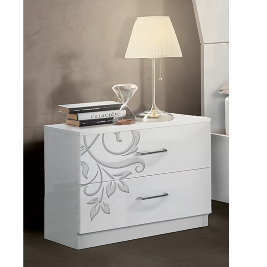 Product photograph of Mayon Wooden Bedside Cabinet In Flower Pattern White Gloss from Furniture in Fashion