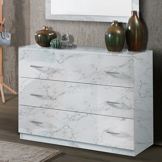 Read more about Mayon wooden chest of drawers in white marble effect