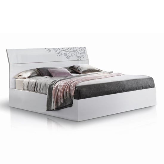 Mayon Wooden King Size Bed In Flower Pattern White Gloss_2