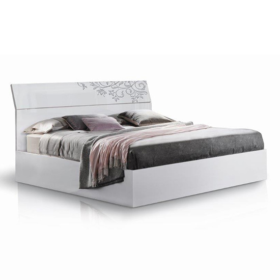 Mayon Wooden King Size Bed In Flower Pattern White Gloss