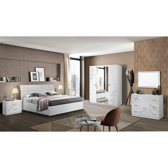 Mayon Wooden King Size Bed In Flower Pattern White Gloss