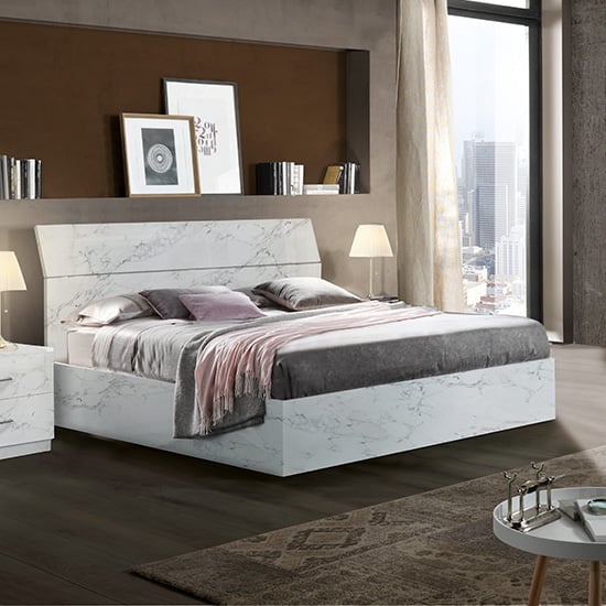 Read more about Mayon wooden king size bed in white marble effect