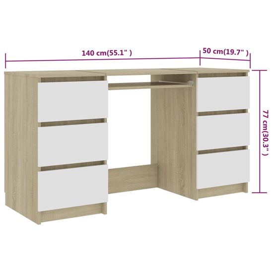 Mayra Wooden Laptop Desk With 6 Drawers In White And Sonoma Oak_3