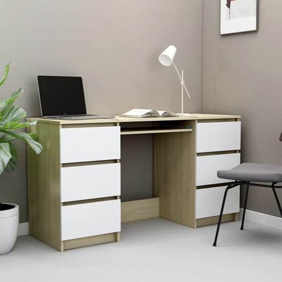 Mayra Wooden Laptop Desk With 6 Drawers In White And Sonoma Oak