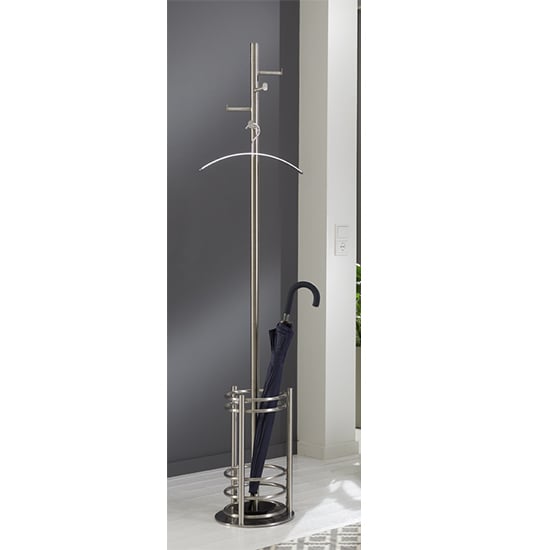 Photo of Mcdowell metal 5 hooks coat stand with umbrella stand in silver