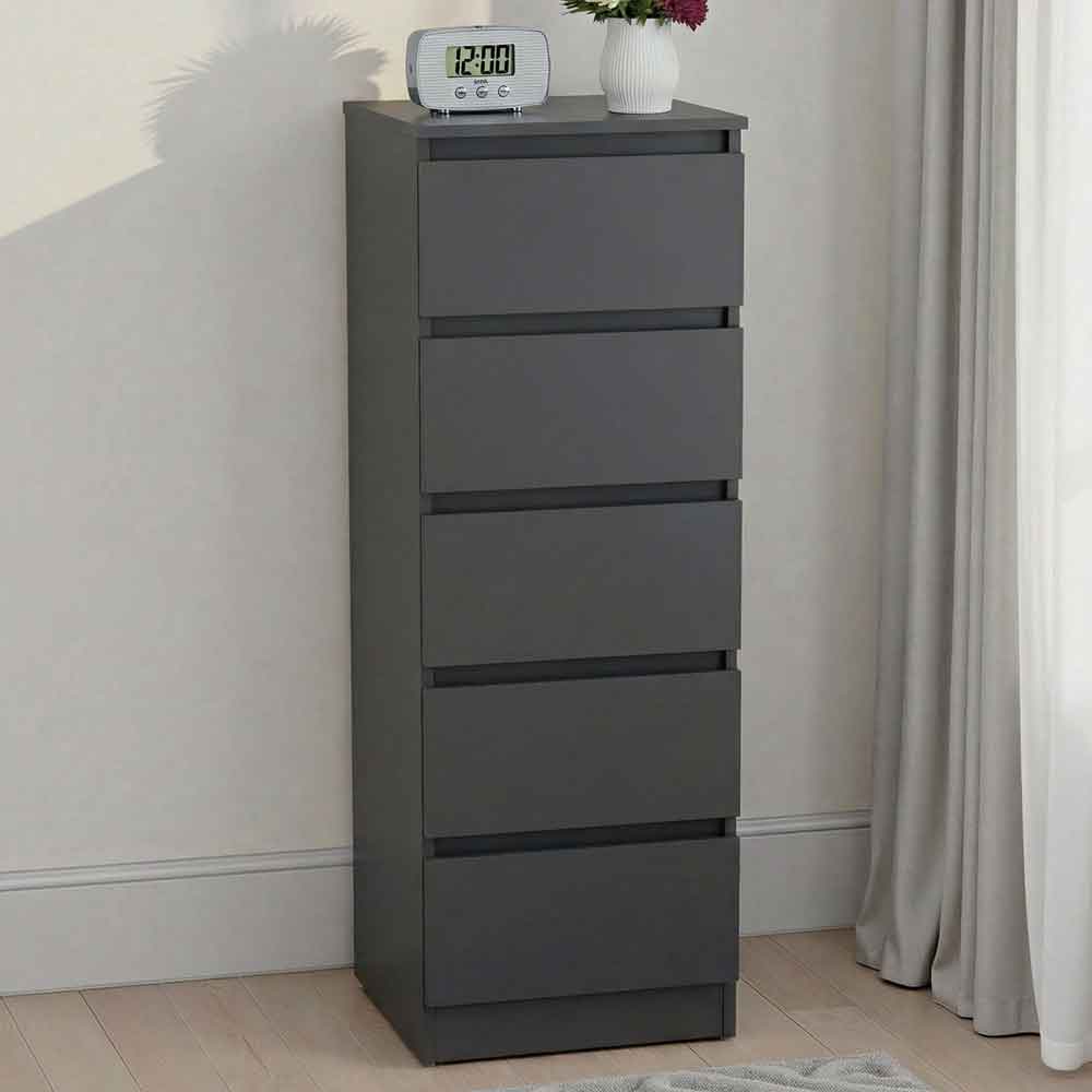 Mcgowan Narrow Wooden Chest Of 5 Drawers in Grey