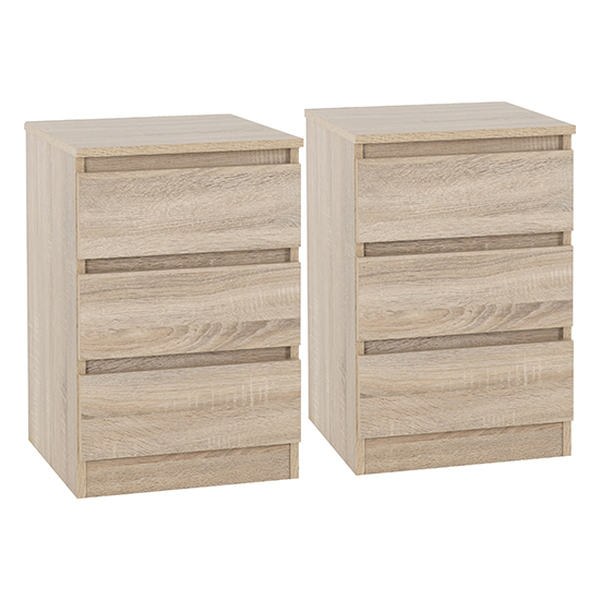 Read more about Mcgowan oak wooden bedside cabinets with 3 drawers in pair