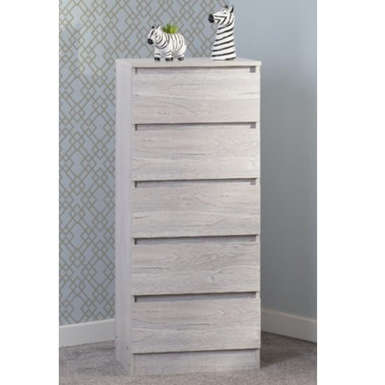 Product photograph of Mcgowan Wooden Chest Of 5 Drawers Narrow In Urban Snow from Furniture in Fashion