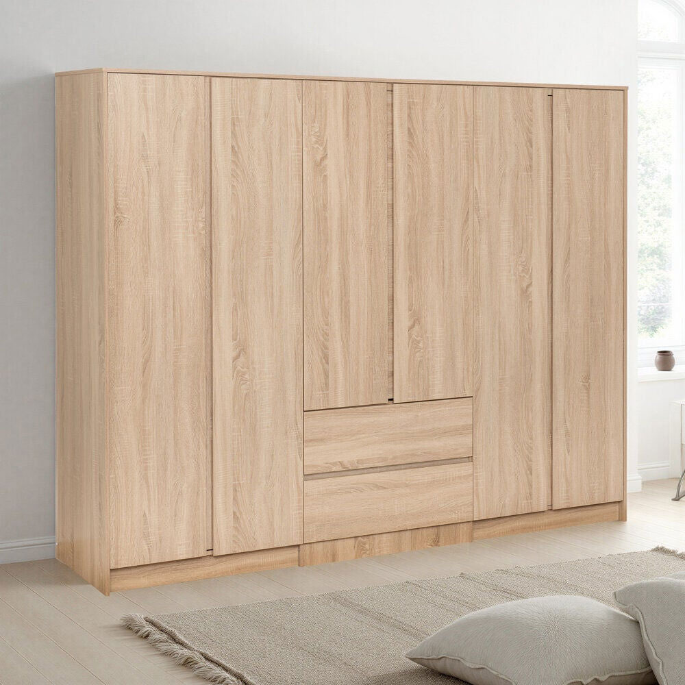 Mcgowen Wooden Wardrobe with 6 Doors 2 Drawers in Sonoma Oak Effect