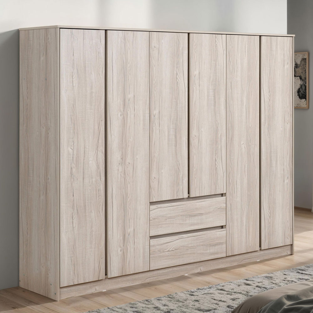 Mcgowen Wooden Wardrobe with 6 Doors 2 Drawers in Urban Snow