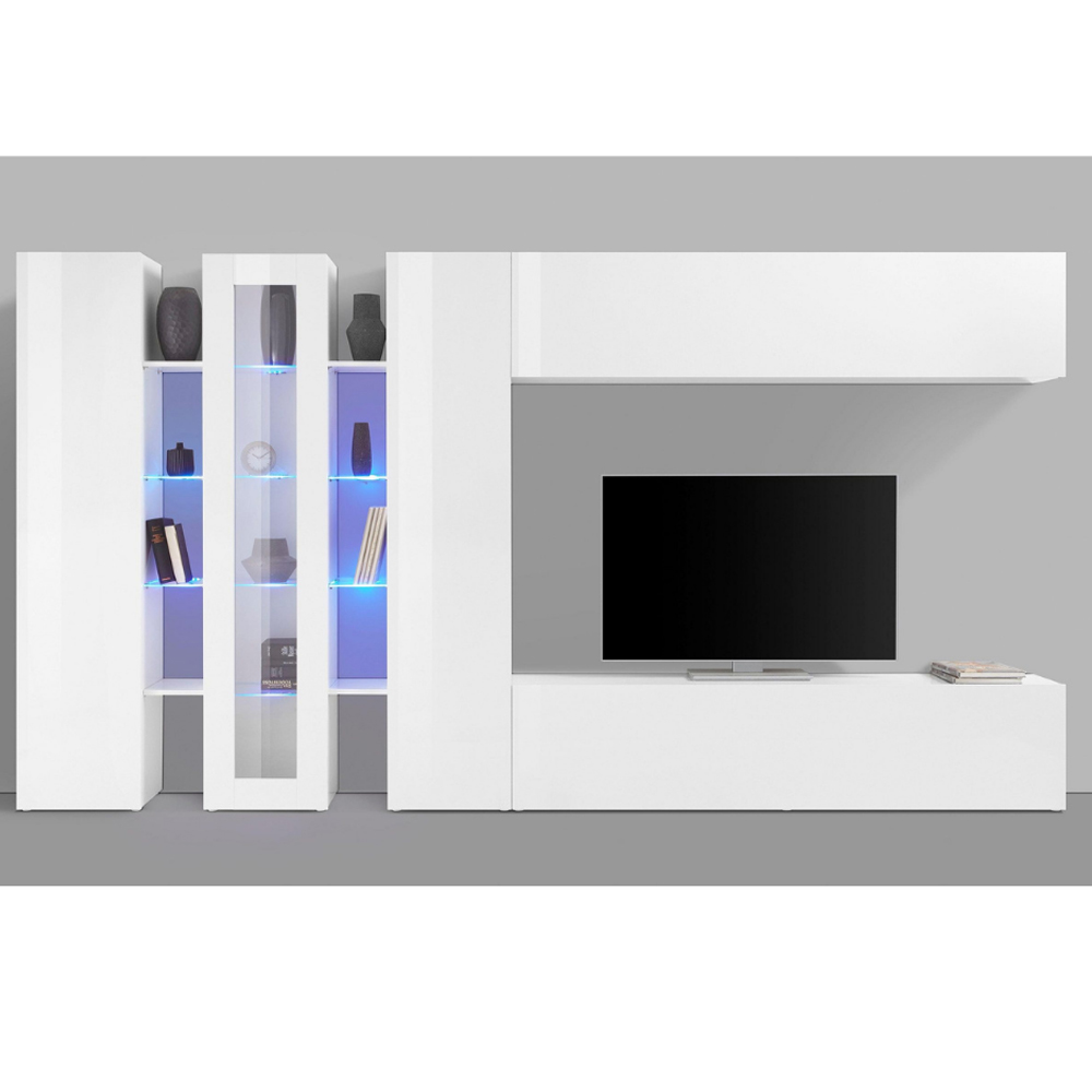 Mcrae LED White Glossy Entertainment Unit With 1 Glass And 4 Doors In White