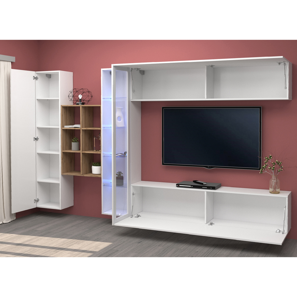 Mcrae LED White Glossy Entertainment Unit With 1 Glass Door And 6 Shelves In Oak