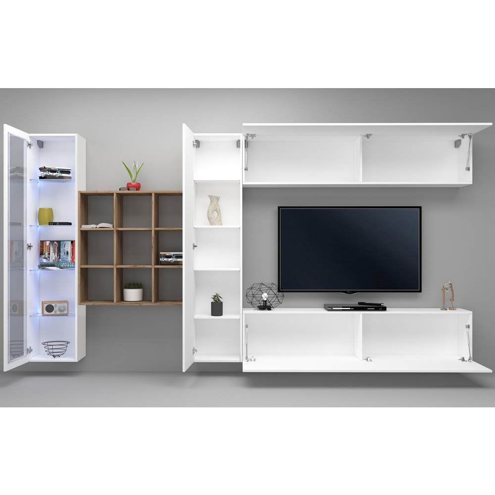 Mcrae LED White Glossy Entertainment Unit With 1 Glass Door And 9 Shelves In Oak
