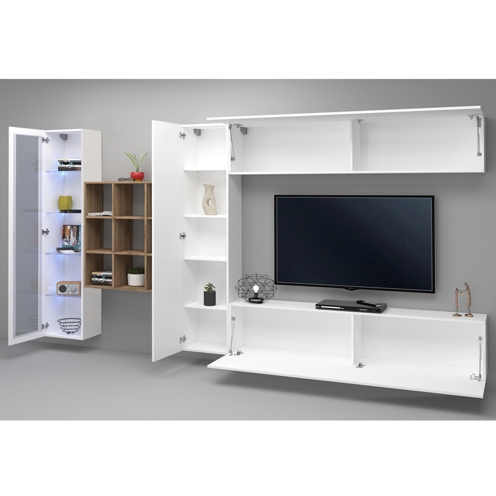 Mcrae LED White Glossy Entertainment Unit With 1 Glass Door And 9 Shelves In Oak