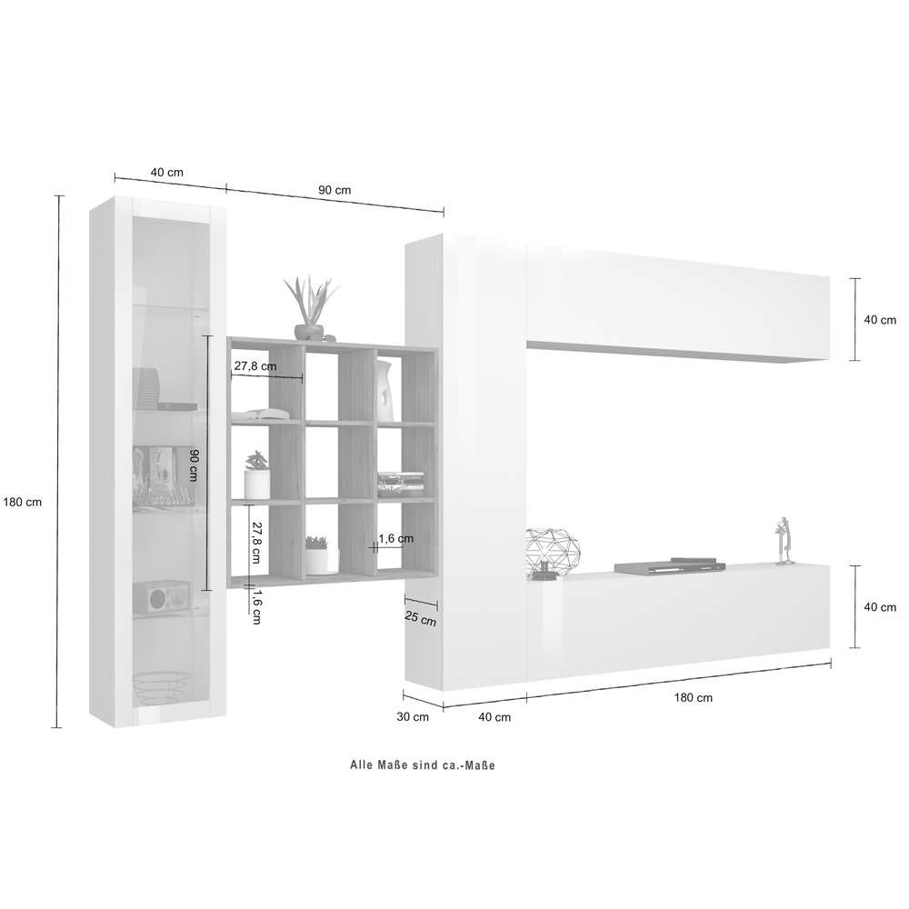 Mcrae LED White Glossy Entertainment Unit With 1 Glass Door And 9 Shelves In Oak