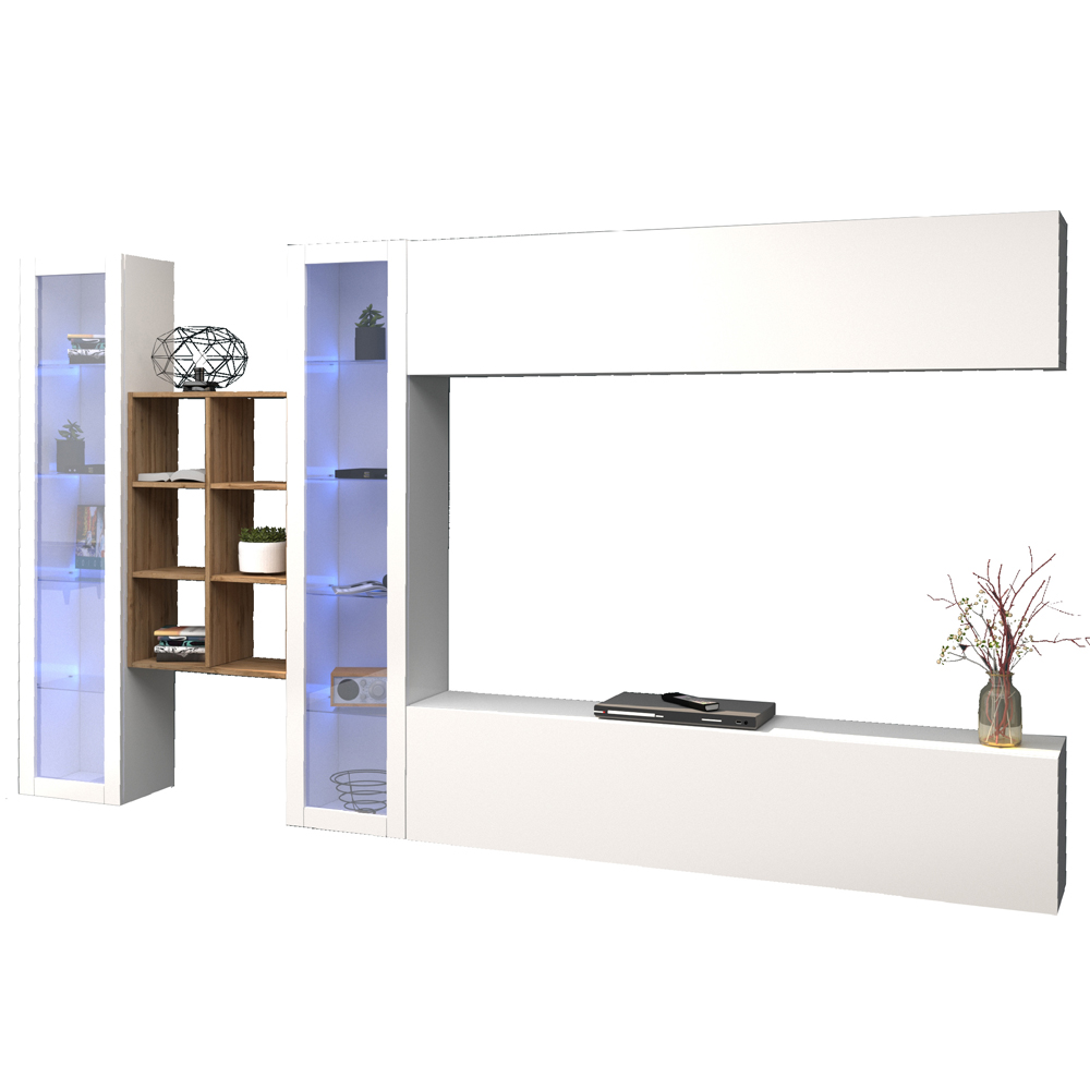 Mcrae LED White Glossy Entertainment Unit With 2 Glass Doors And 6 Shelves In Oak
