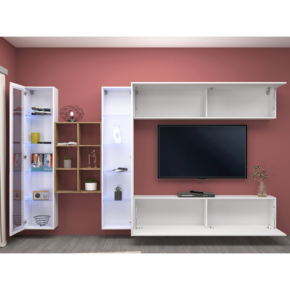 Mcrae LED White Glossy Entertainment Unit With 2 Glass Doors And 6 Shelves In Oak