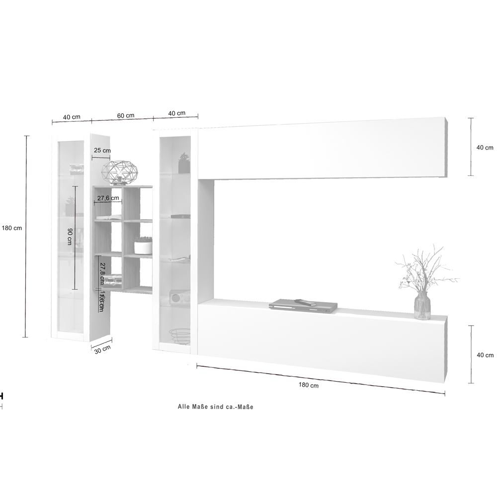 Mcrae LED White Glossy Entertainment Unit With 2 Glass Doors And 6 Shelves In Oak