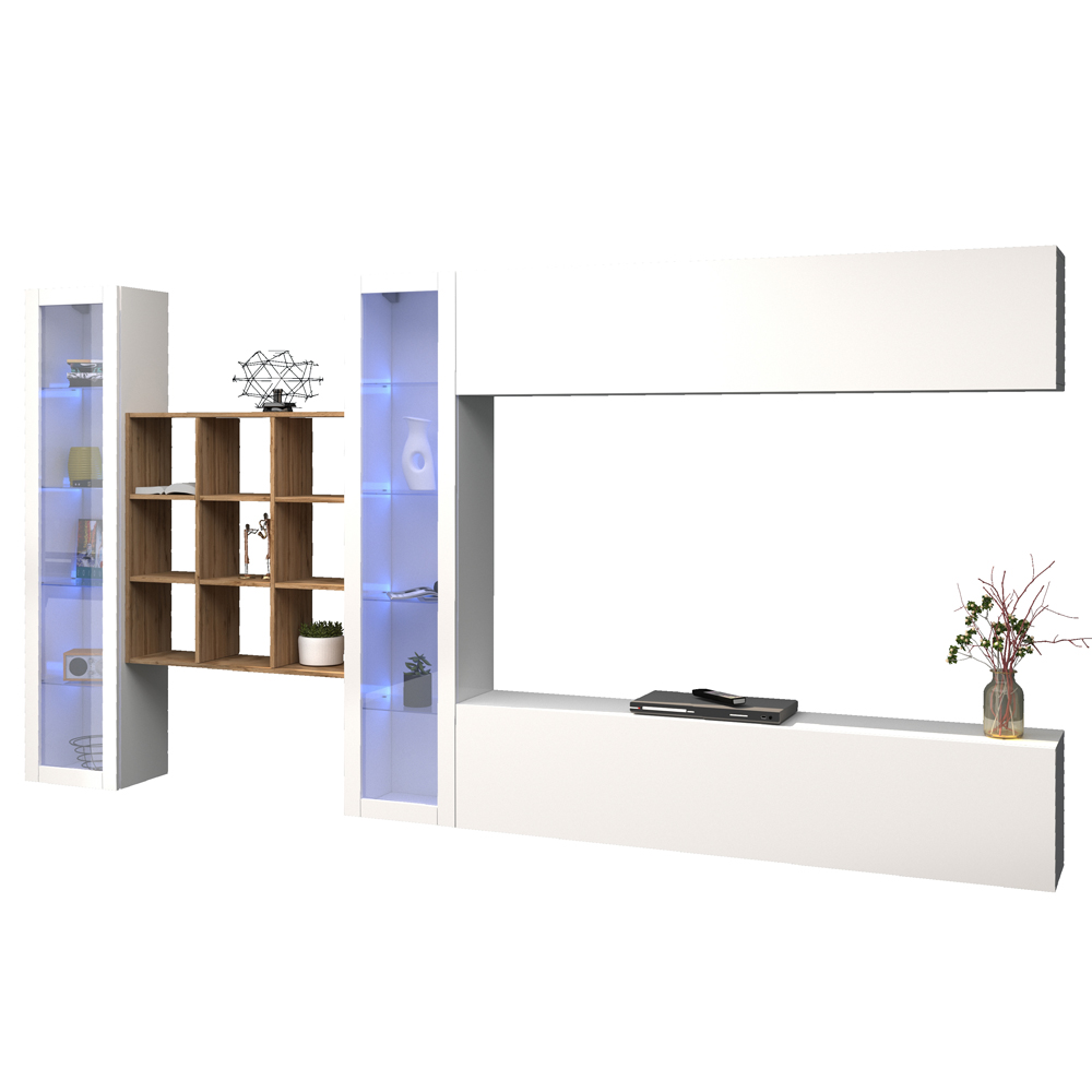 Mcrae LED White Glossy Entertainment Unit With 2 Glass Doors And 9 Shelves In Oak