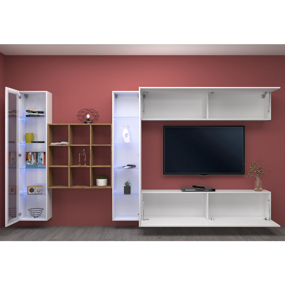 Mcrae LED White Glossy Entertainment Unit With 2 Glass Doors And 9 Shelves In Oak