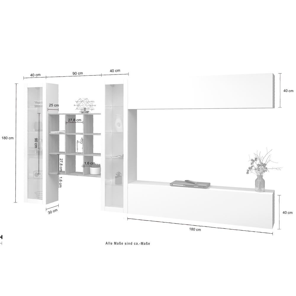 Mcrae LED White Glossy Entertainment Unit With 2 Glass Doors And 9 Shelves In Oak