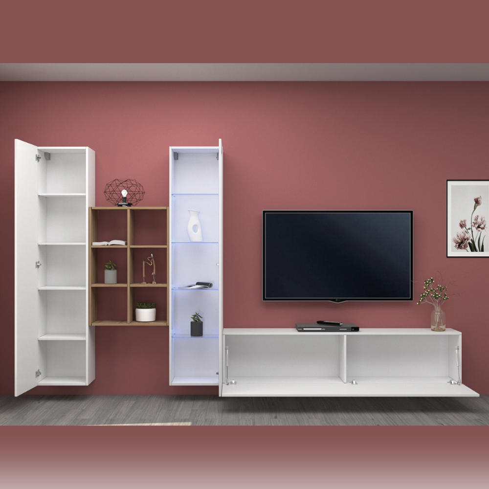Mcrae LED White Glossy L Shape Entertainment Unit With 1 Glass Door And 9 Shelves In Oak