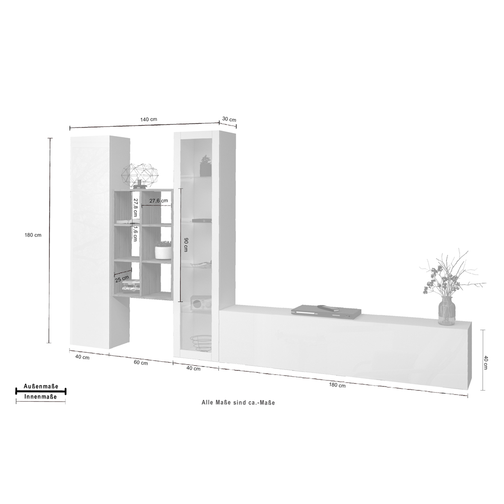 Mcrae LED White Glossy L Shape Entertainment Unit With 1 Glass Door And 9 Shelves In Oak