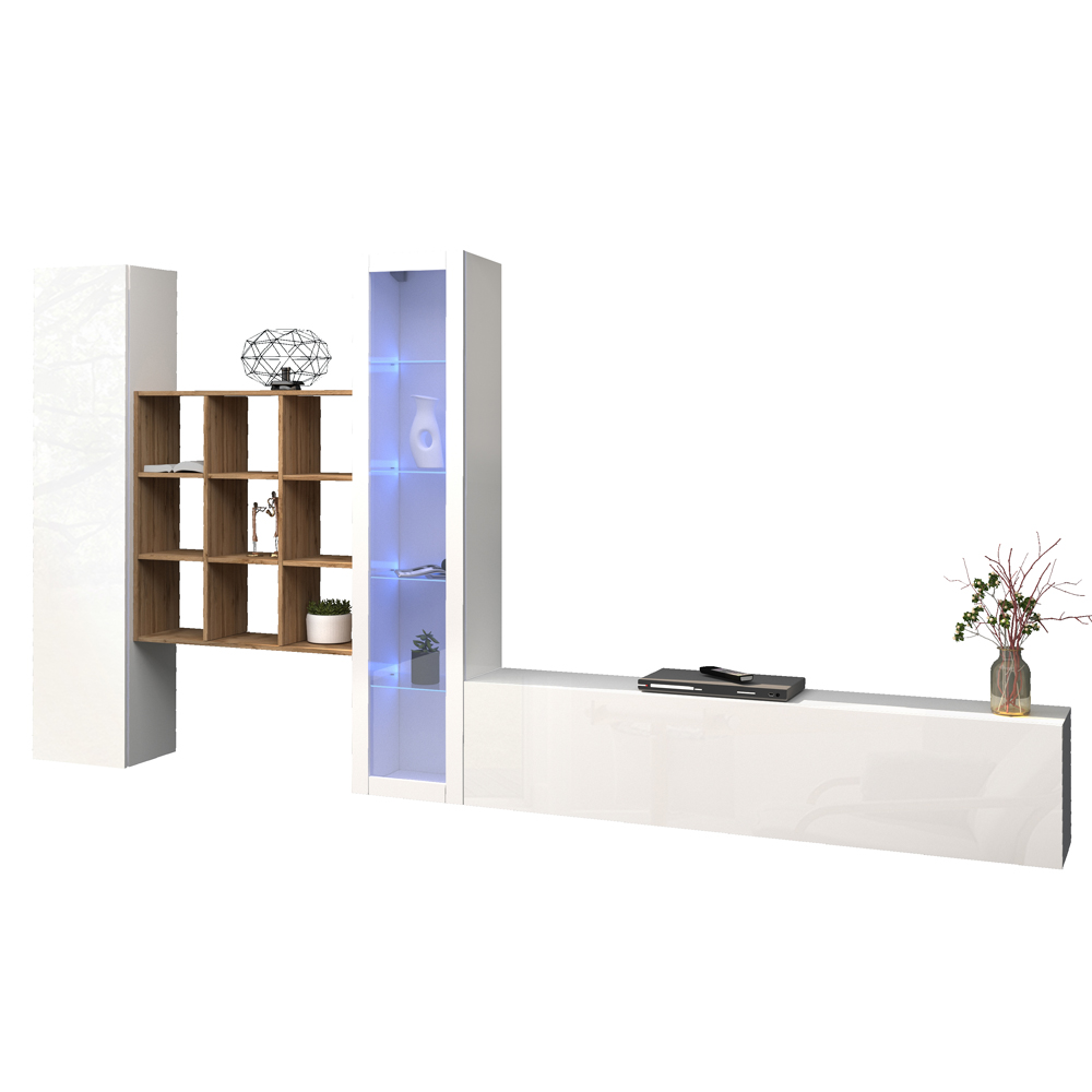 Mcrae LED White Glossy L Shape Entertainment Unit With 1 Glass Door In Oak