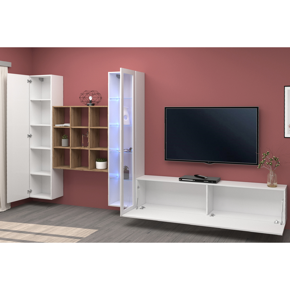 Mcrae LED White Glossy L Shape Entertainment Unit With 1 Glass Door In Oak