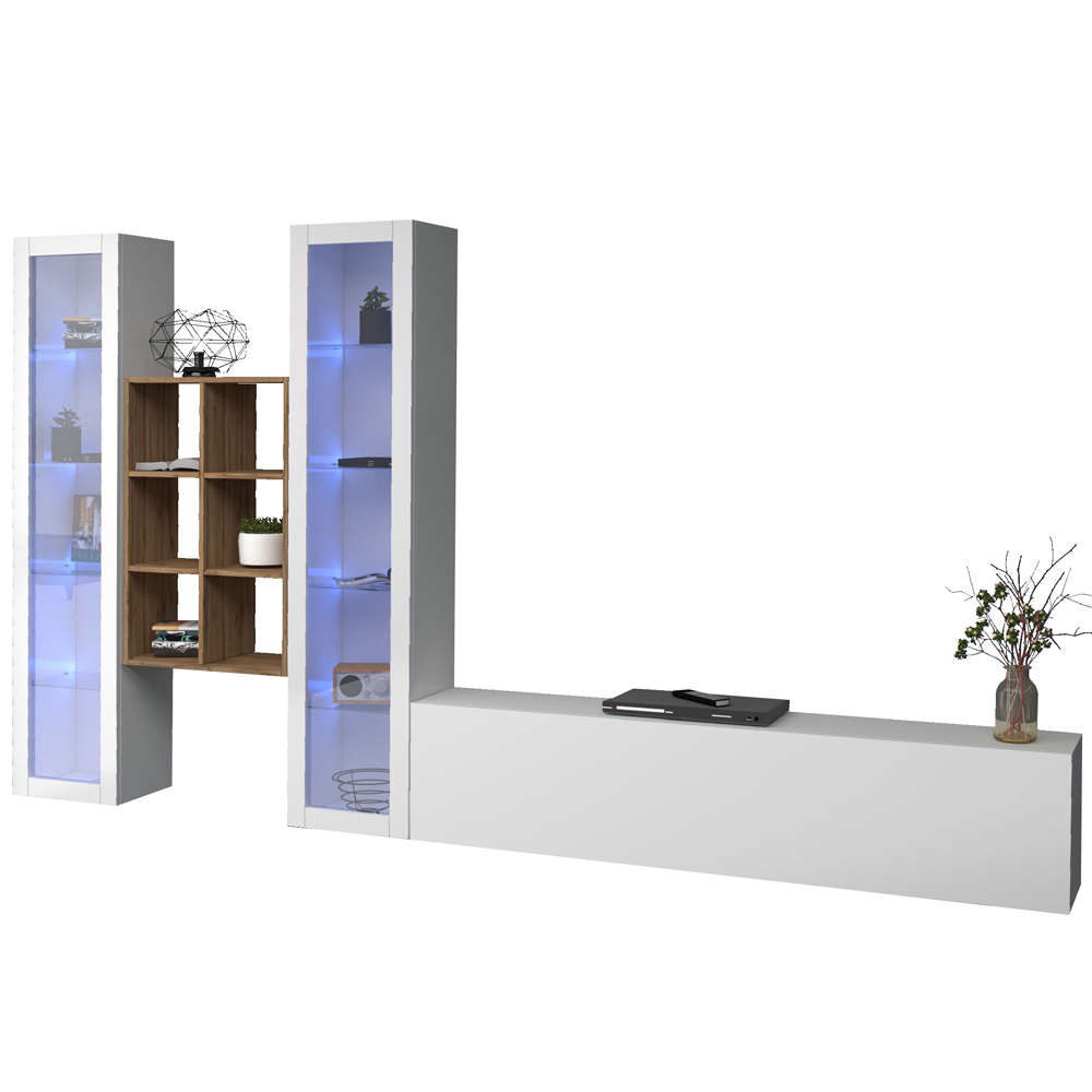 Mcrae LED White Glossy L Shape Entertainment Unit With 2 Glass Doors And 6 Shelves In Oak