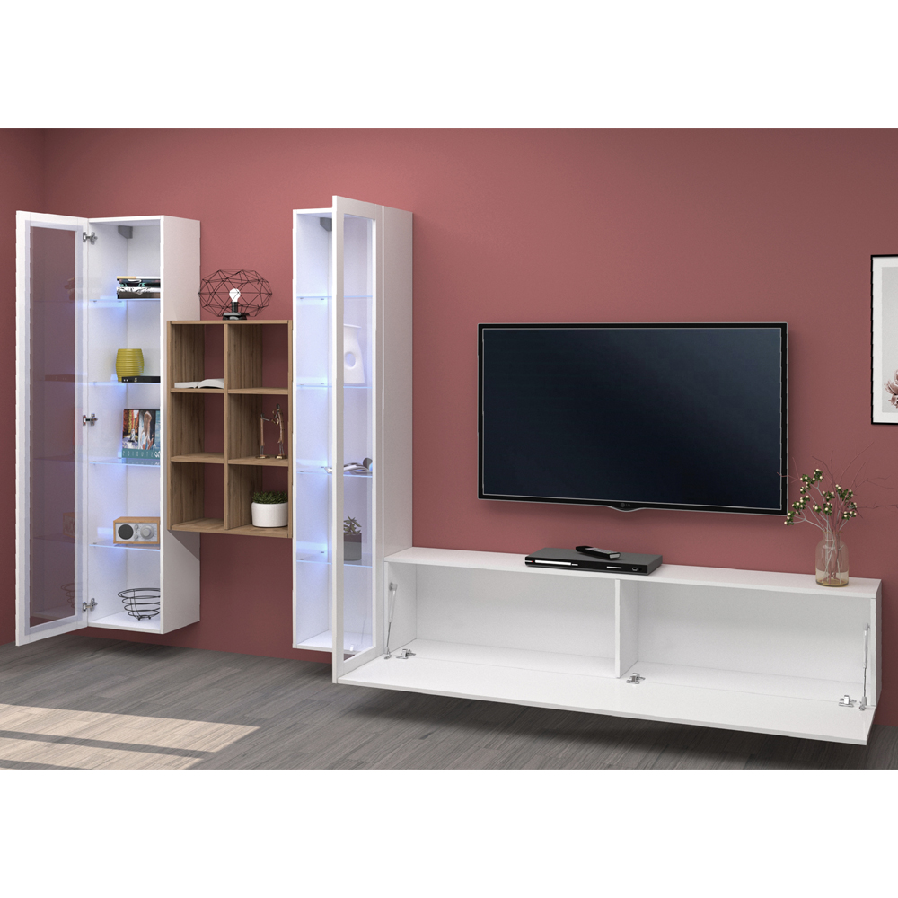 Mcrae LED White Glossy L Shape Entertainment Unit With 2 Glass Doors And 6 Shelves In Oak