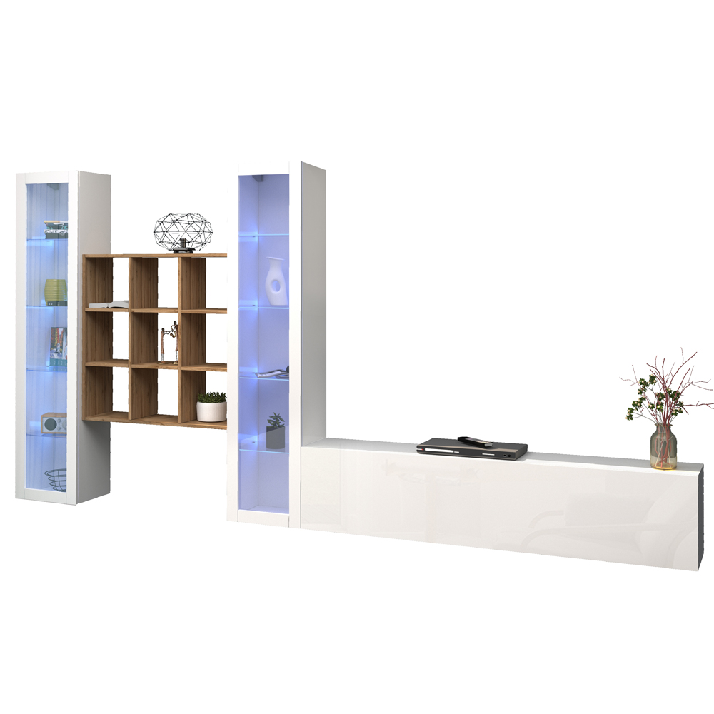 Mcrae LED White Glossy L Shape Entertainment Unit With 2 Glass Doors And 9 Shelves In Oak
