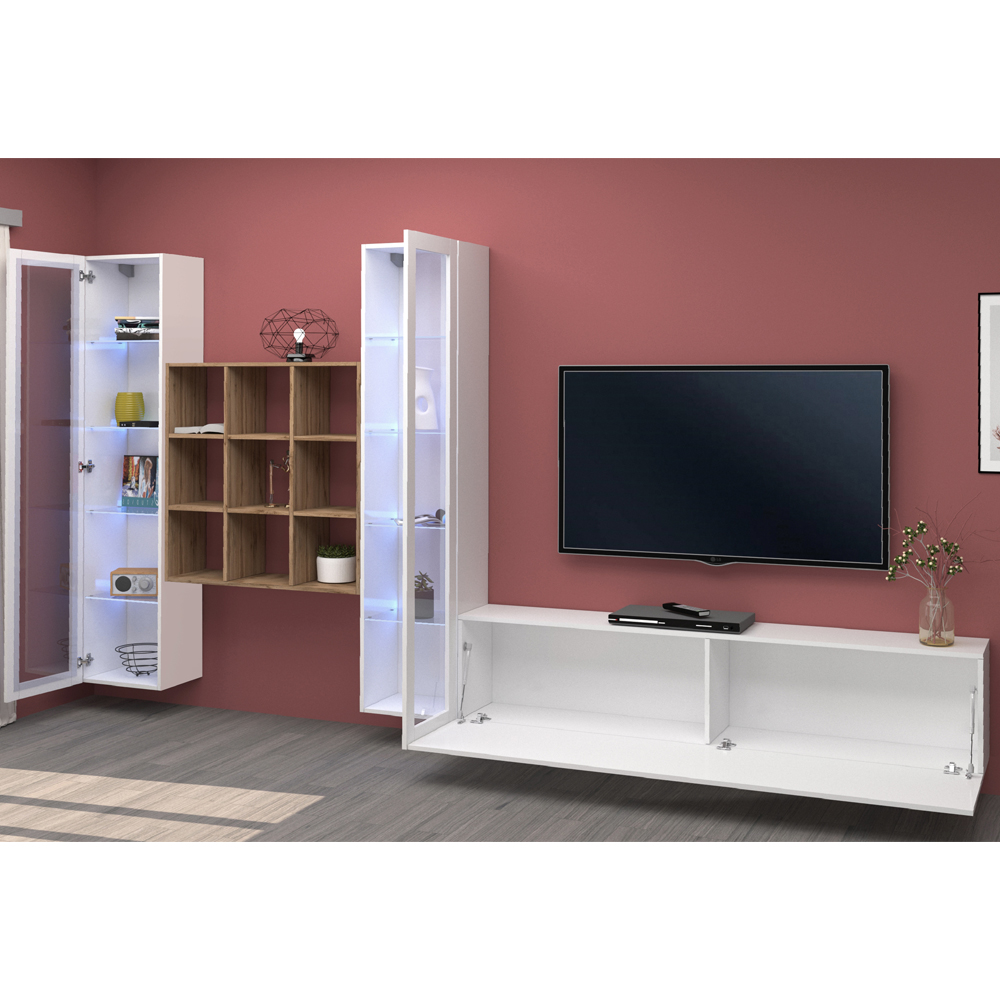 Mcrae LED White Glossy L Shape Entertainment Unit With 2 Glass Doors And 9 Shelves In Oak