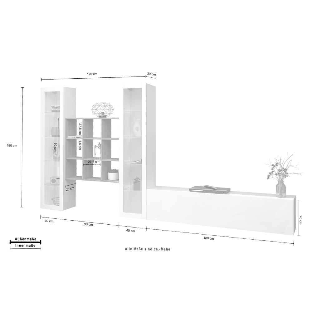 Mcrae LED White Glossy L Shape Entertainment Unit With 2 Glass Doors And 9 Shelves In Oak