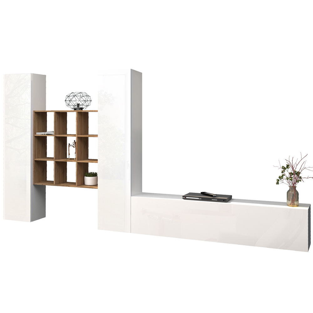 Mcrae LED White Glossy L Shape Entertainment Unit With 3 Doors In Oak