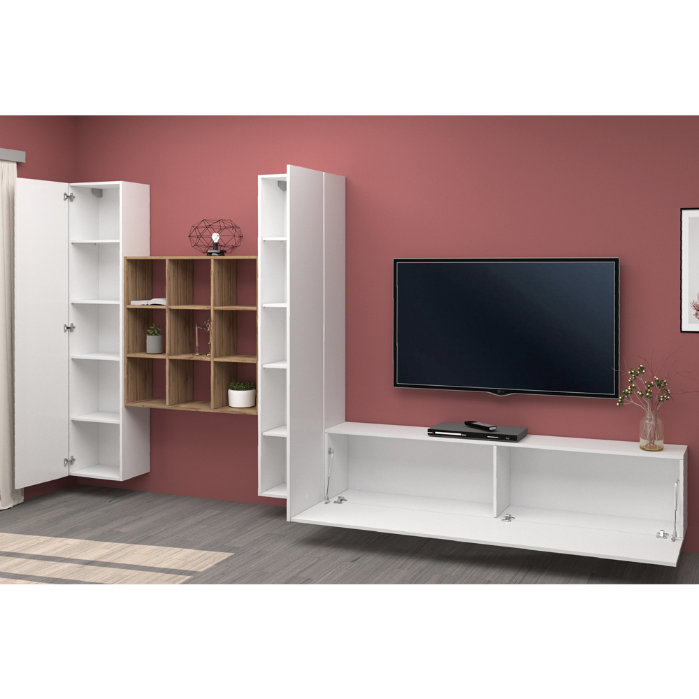 Mcrae LED White Glossy L Shape Entertainment Unit With 3 Doors In Oak