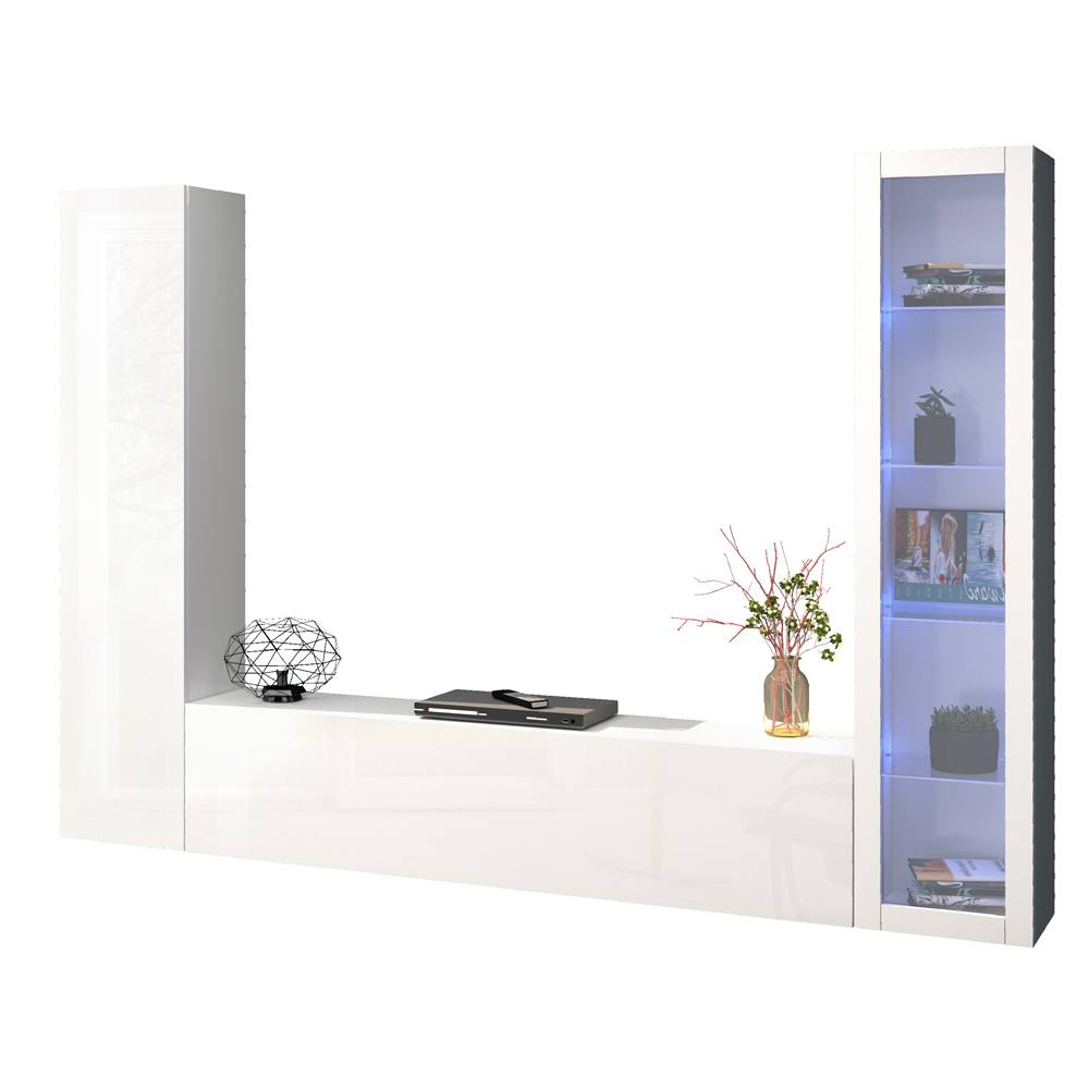 Mcrae LED High Glossy U Shape Entertainment Unit With 1 Glass Door And LED In White