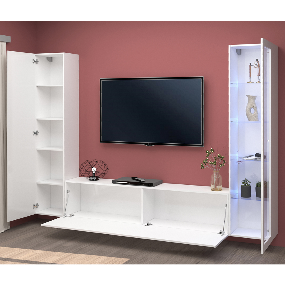 Mcrae LED High Glossy U Shape Entertainment Unit With 1 Glass Door And LED In White