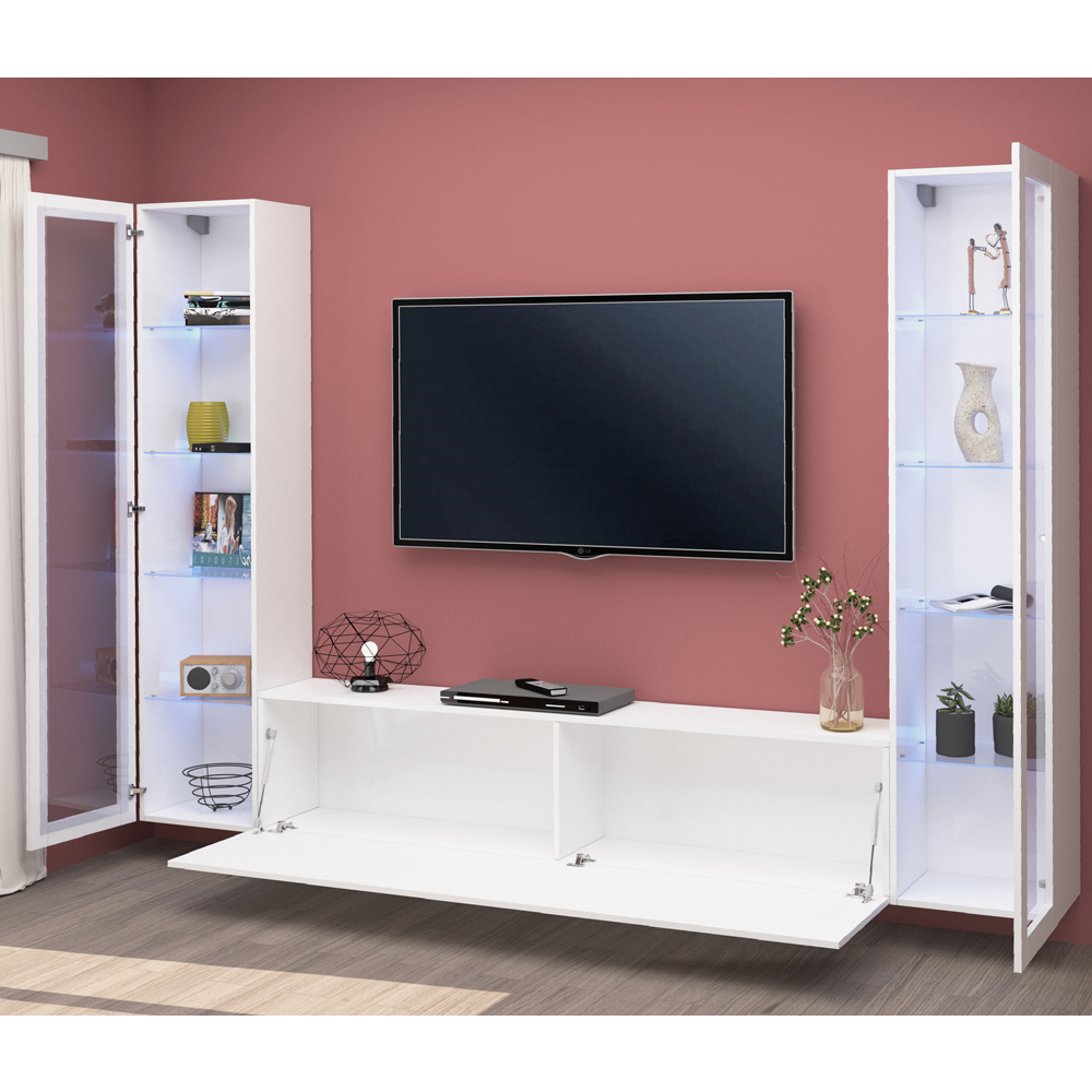 Mcrae LED High Glossy U Shape Entertainment Unit With 2 Glass Doors In White