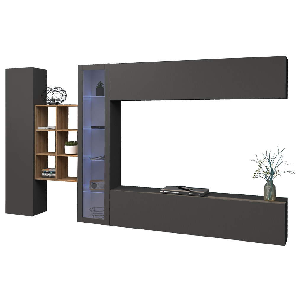 Mcrae LED Wooden Entertainment Unit With 1 Glass Door And 6 Shelves In Anthracite Oak