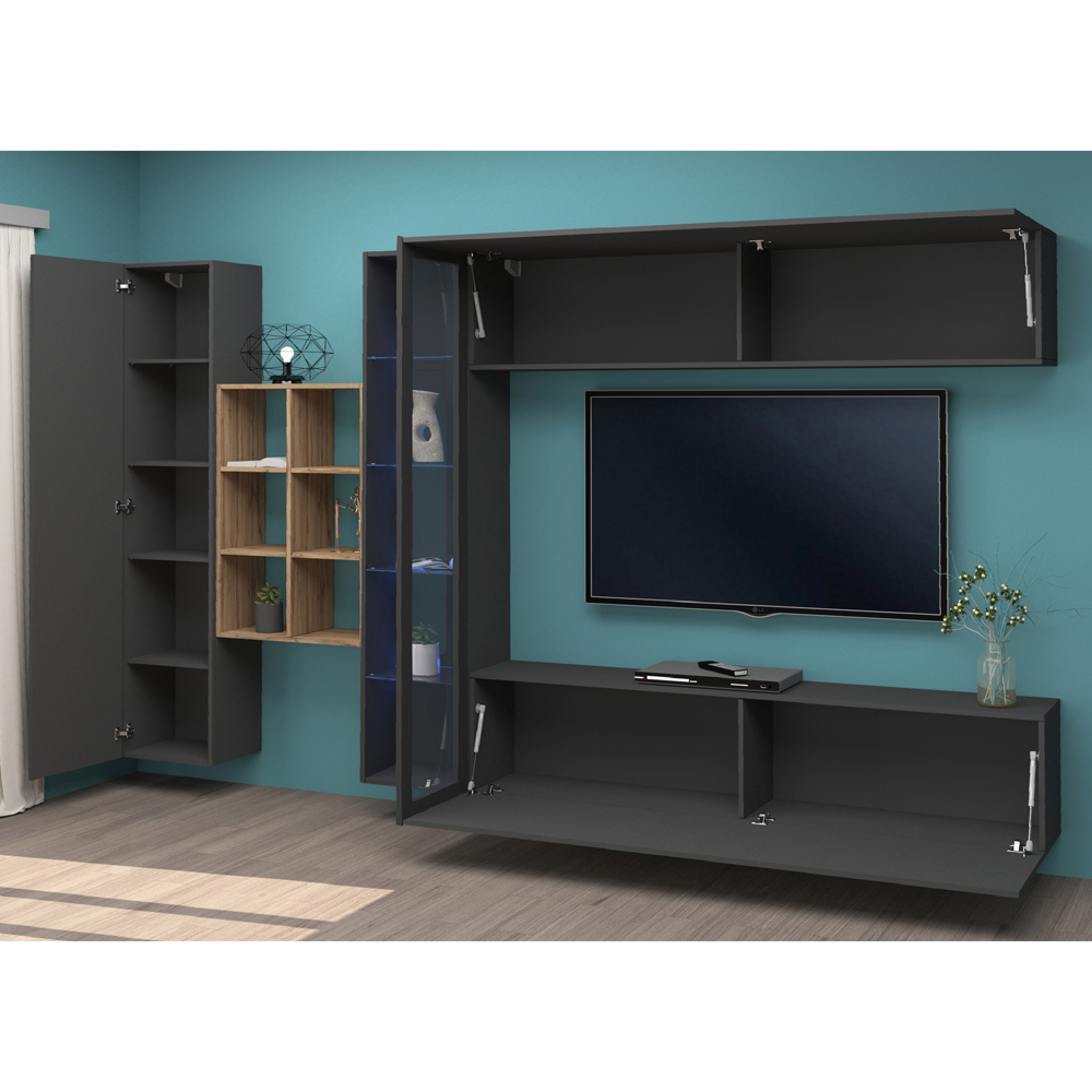 Mcrae LED Wooden Entertainment Unit With 1 Glass Door And 6 Shelves In Anthracite Oak