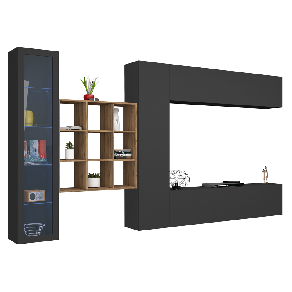 Mcrae LED Wooden Entertainment Unit With 1 Glass Door And 9 Shelves In Anthracite Oak